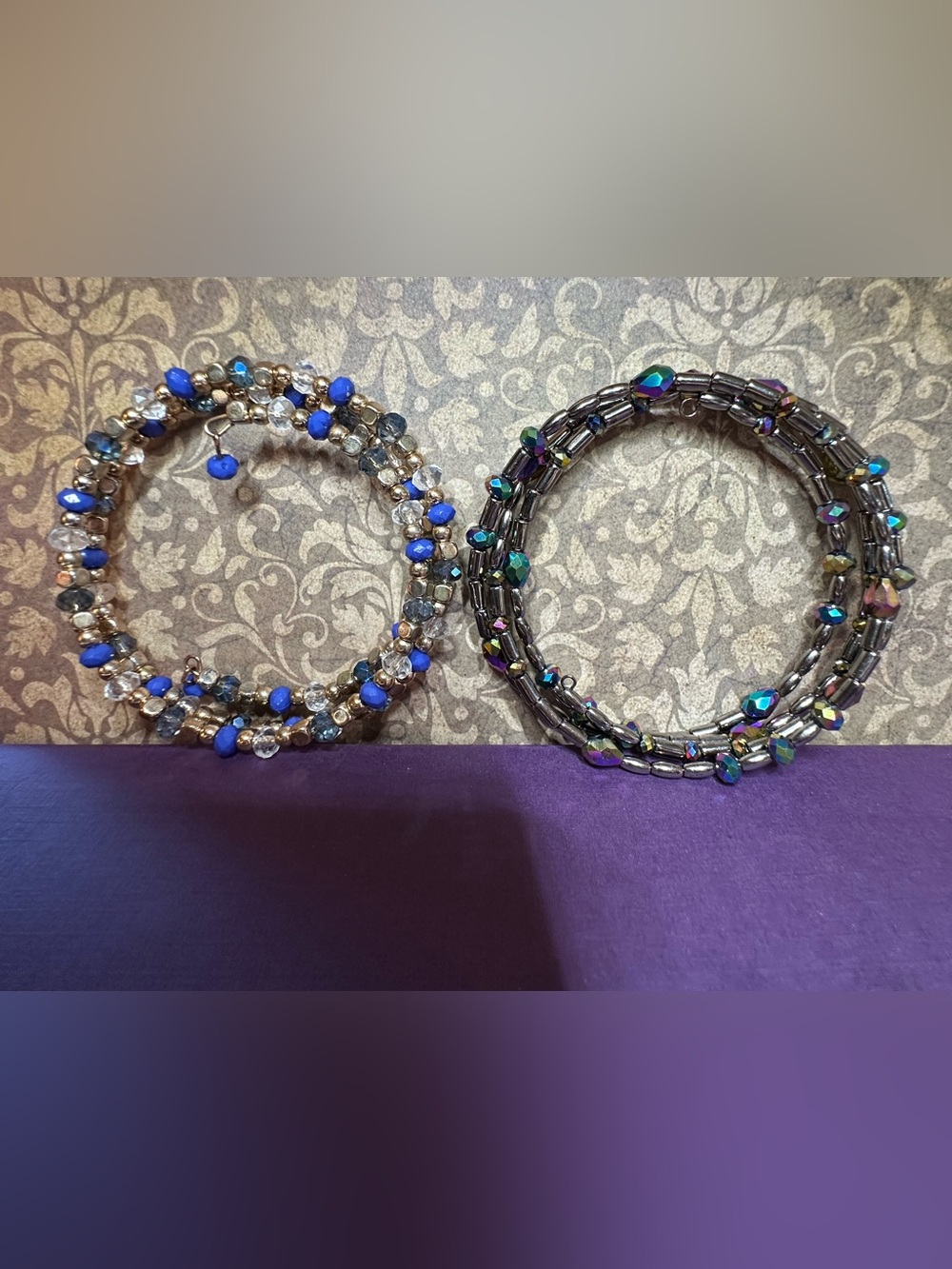 Beaded Coil Bracelet Set - Blue and Iridescent Hematite one size fits all